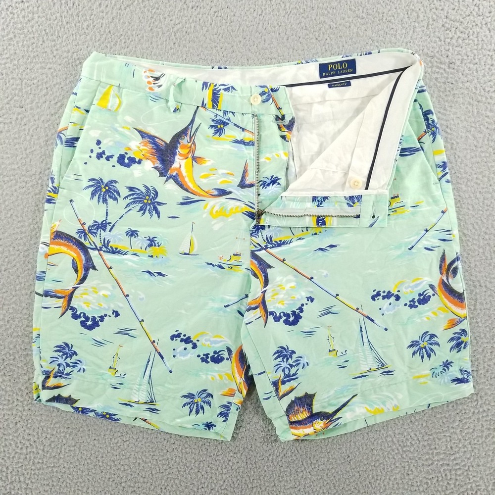 Polo Ralph Lauren Shorts Mens 36 Green Linen Blend Marlin Deep Sea Fishing Chino